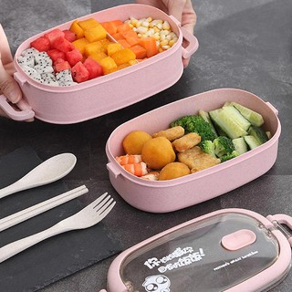 Hộp cơm lúa mạch 2 tầng kèm thìa, đũa, dĩa