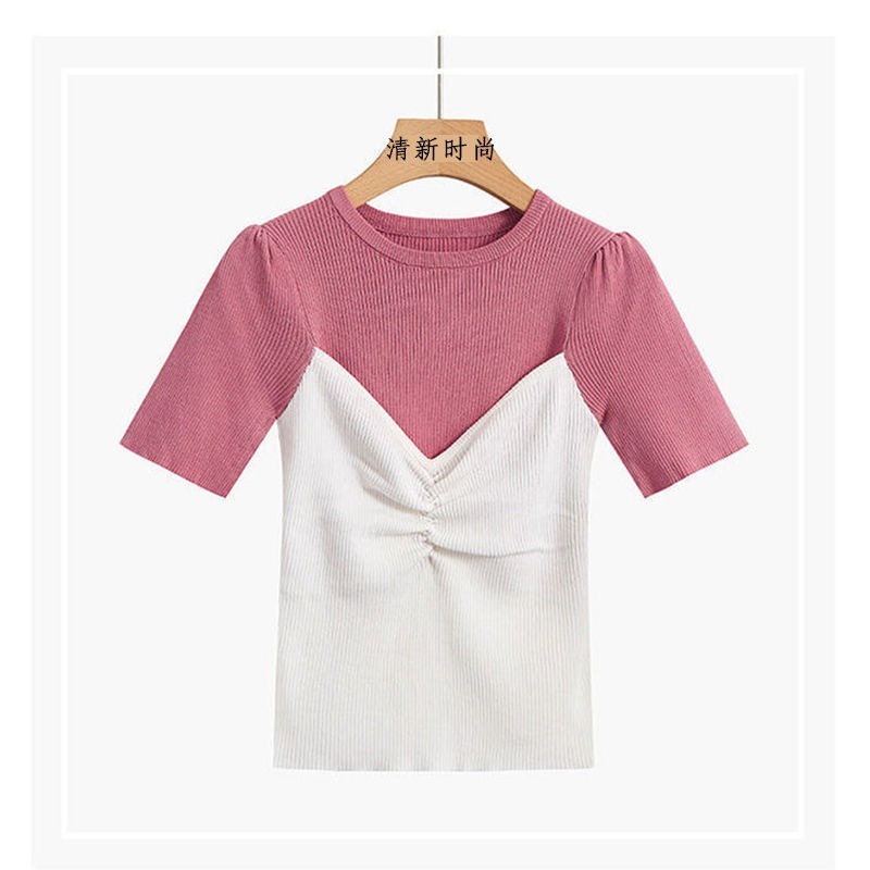 Hàng Mới Về Áo Thun Tay Ngắn Cổ Tròn Giả Hai Lớp Thời Trang Mùa Hè Cho Nữ
