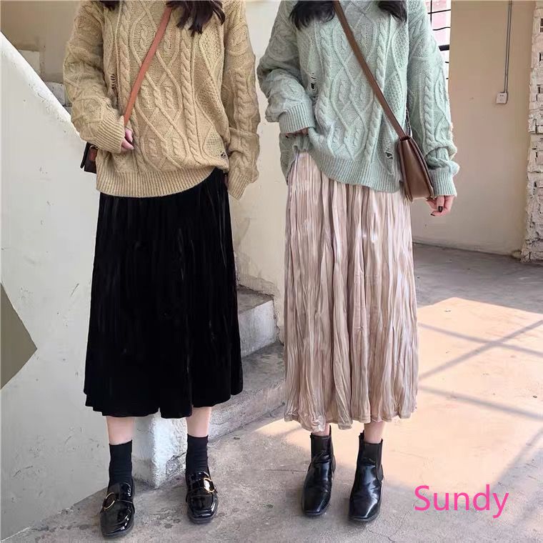 Chân Váy Nhung Dài Dáng Chữ A Xếp Ly Kiểu Retro Thời Trang Thu Đông Cho Nữ