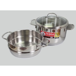 Bộ nồi xửng hấp Zebra inox 304-Thái Lan 24cm-6.2L-3 đáy-163640, nắp kính-tầng hấp cao 10cm