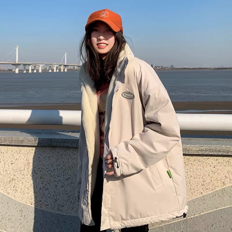 Áo Khoác Kaki Bông Hai Mặt Màu Trắng Kem Form Rộng Ulzzang Siêu Dày DẴN