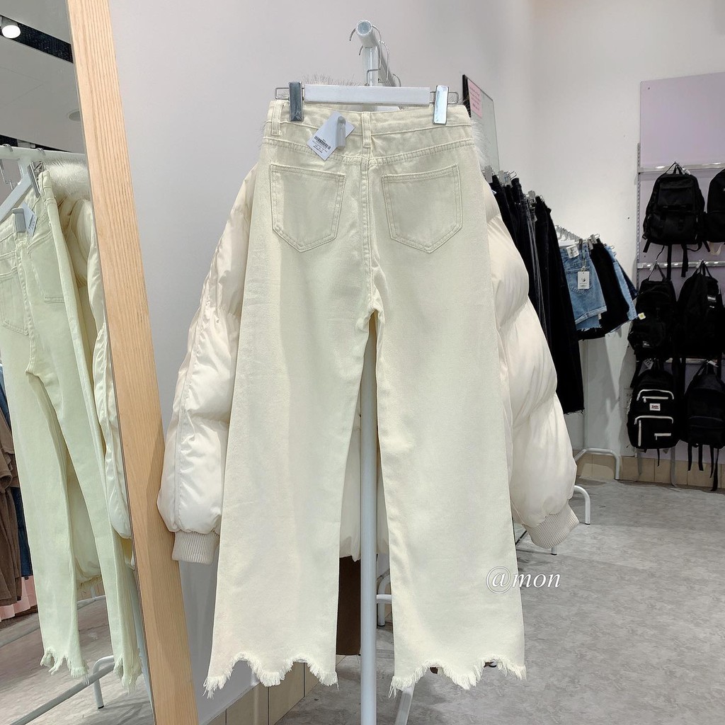 190517 Quần baggy jeans nữ ulzzang ống đứng form vừa tua rua gấu 2 màu có size