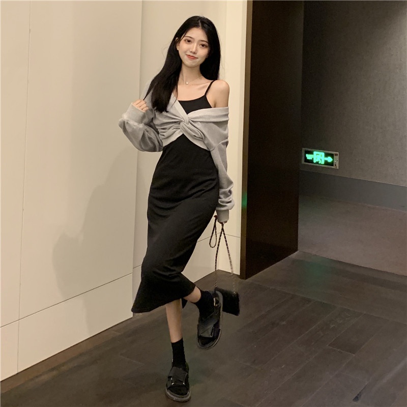 SUXI Set áo len tay dài dáng rộng + đầm hai dây thời trang mùa thu hàng mới