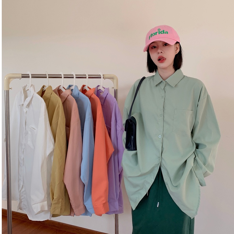 Áo Sơ Mi Trơn Tay Dài Oversize Phong Cách Hàn Quốc Cho Nữ
