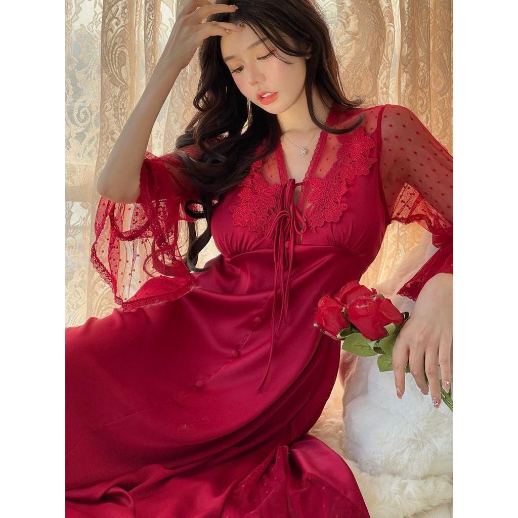 Đầm Ngủ Dáng Dài Có Mút Đệm Ngực Thiết Kế Ngọt Ngào Phong Cách Pháp Thời Trang Mới 2023 Cho Nữ