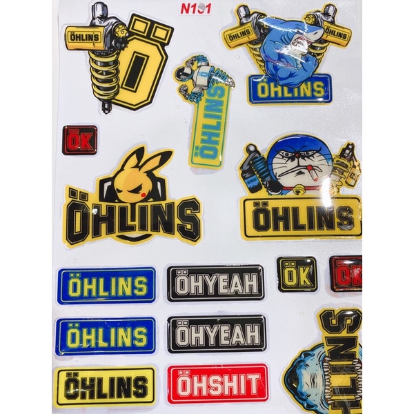 Decal tem nổi mẫu Pikachu ohlins..., tem cao cấp dán xe máy, ô tô, mũ bảo hiểm chống thấm nước, chống bay màu