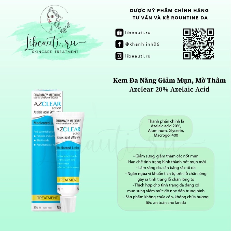 Kem bôi đa năng Azclear 20% Azelaic acid giảm mụn, mờ thâm