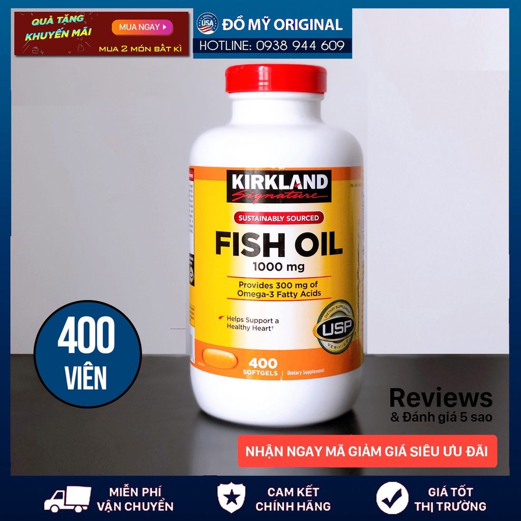 Viên uống Dầu cá Omega 3 Fish Oil 1000mg Kirkland Signature Hộp 400 Viên Hàng Nhập Mỹ Nắp Đỏ Bổ Sung DHA, EPA