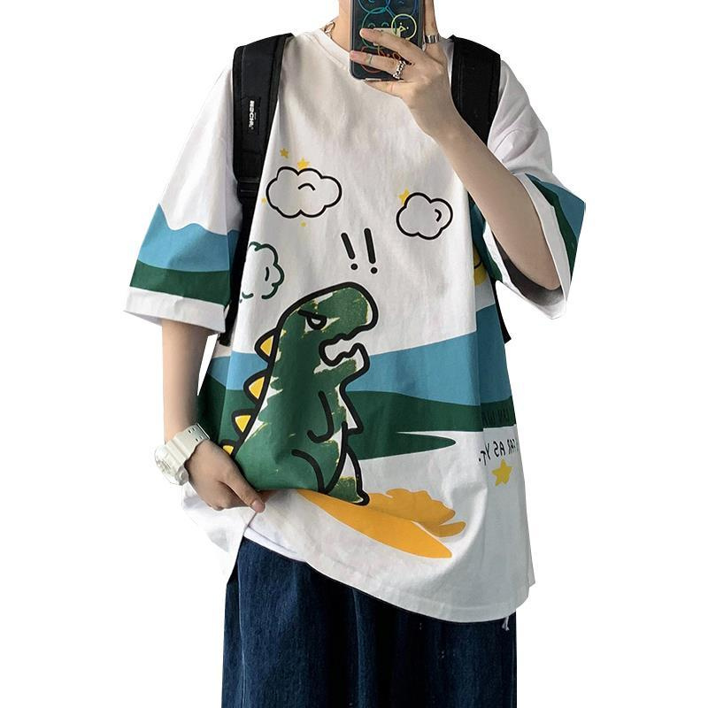 【Dinosaur】 Loose Men Trendy Short Sleeves Cartoon Five Sleeves Couple T-Shirt Shirt D.0077