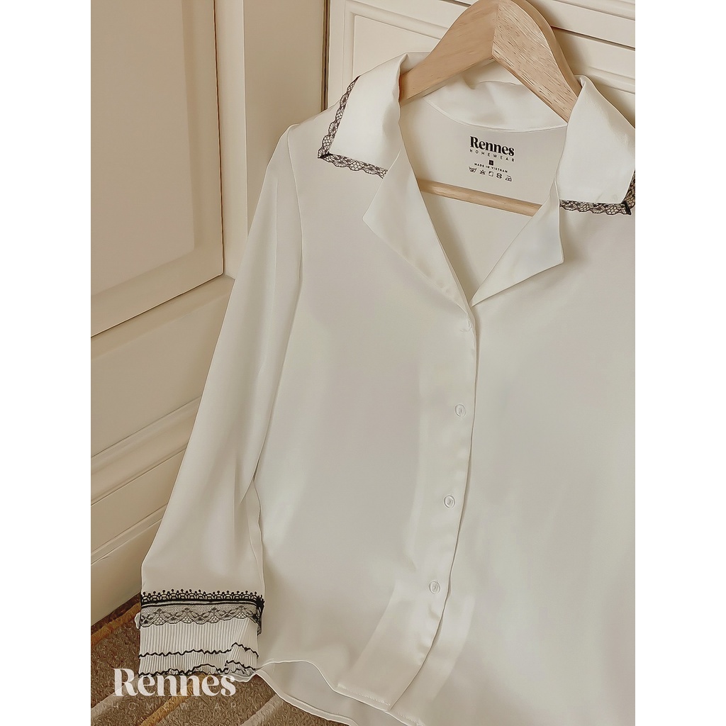 Set đồ ngủ pyjama lụa dài tay viền ren Rennes, chất lụa cao cấp tôn dáng, mềm mịn-RSE002