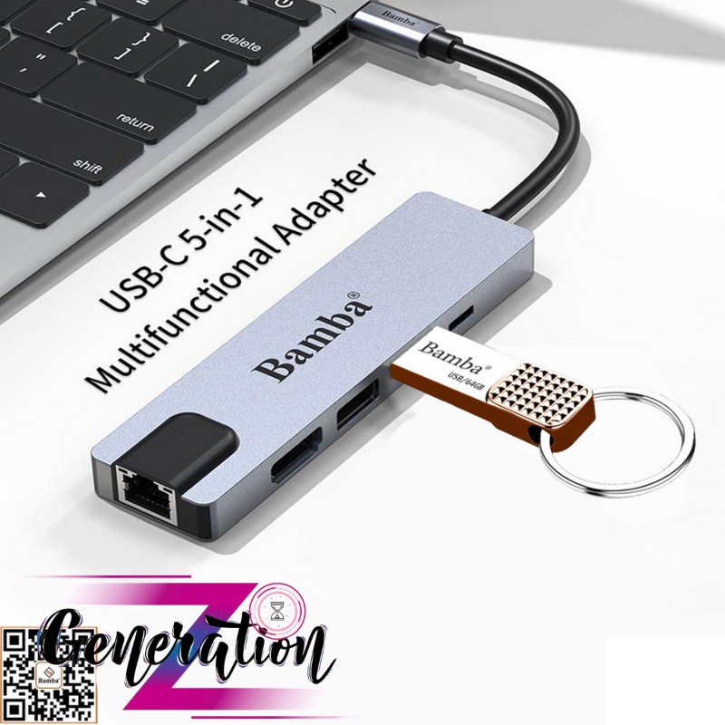 HUB CHUYỂN USB TYPE-C RA 2 USB 3.0+ 1 USB TYPE-C+ HDMI + RJ45 (1000) BAMBA B7