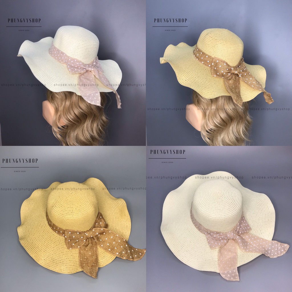 Mũ cói VÀNH LƯỢN DÂY BI nón đi biển che nắng