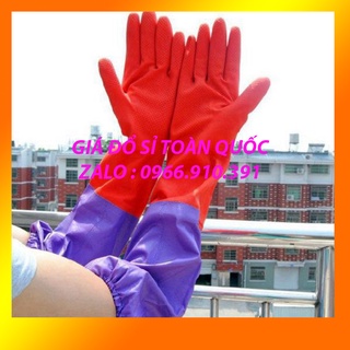 gang tay cao su rửa chén dài tay dày lót nỉ chống thấm [ GANG TAY LÓT NỈ ĐỎ ]