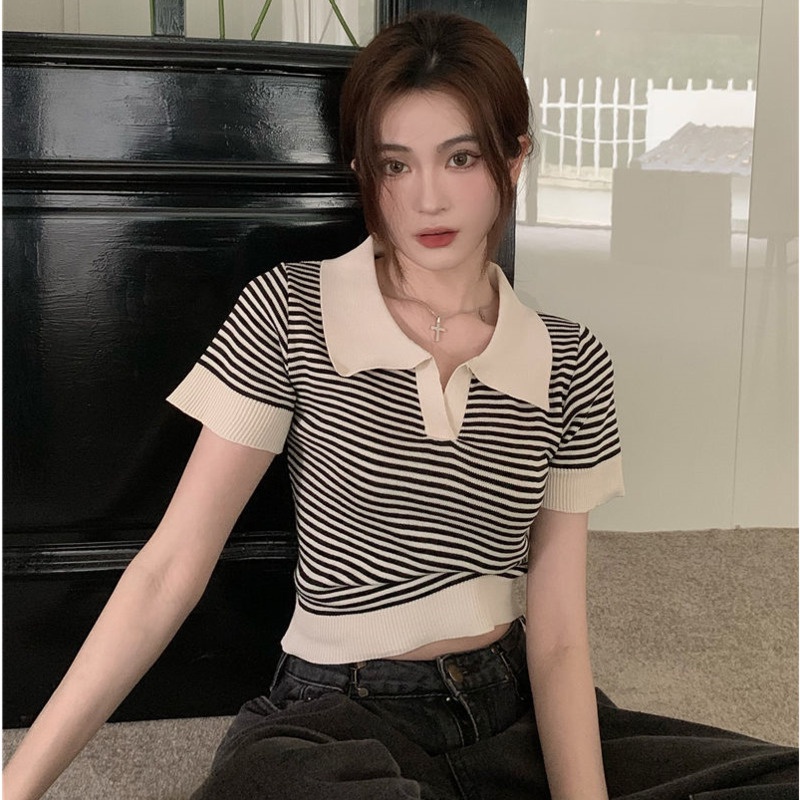 Áo polo Ngắn Tay Cổ Chữ V Họa Tiết Kẻ Sọc Thời Trang Mùa Hè Dành Cho Nữ