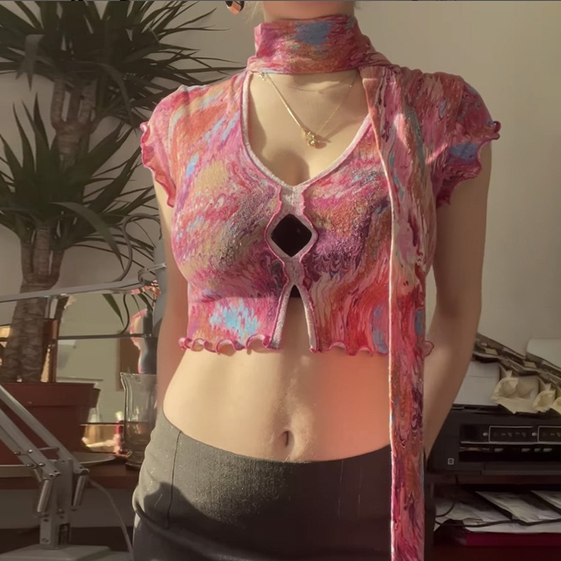 Áo Thun Tay Ngắn Cổ Chữ V Phối Khăn Choàng Thời Trang Cho Nữ