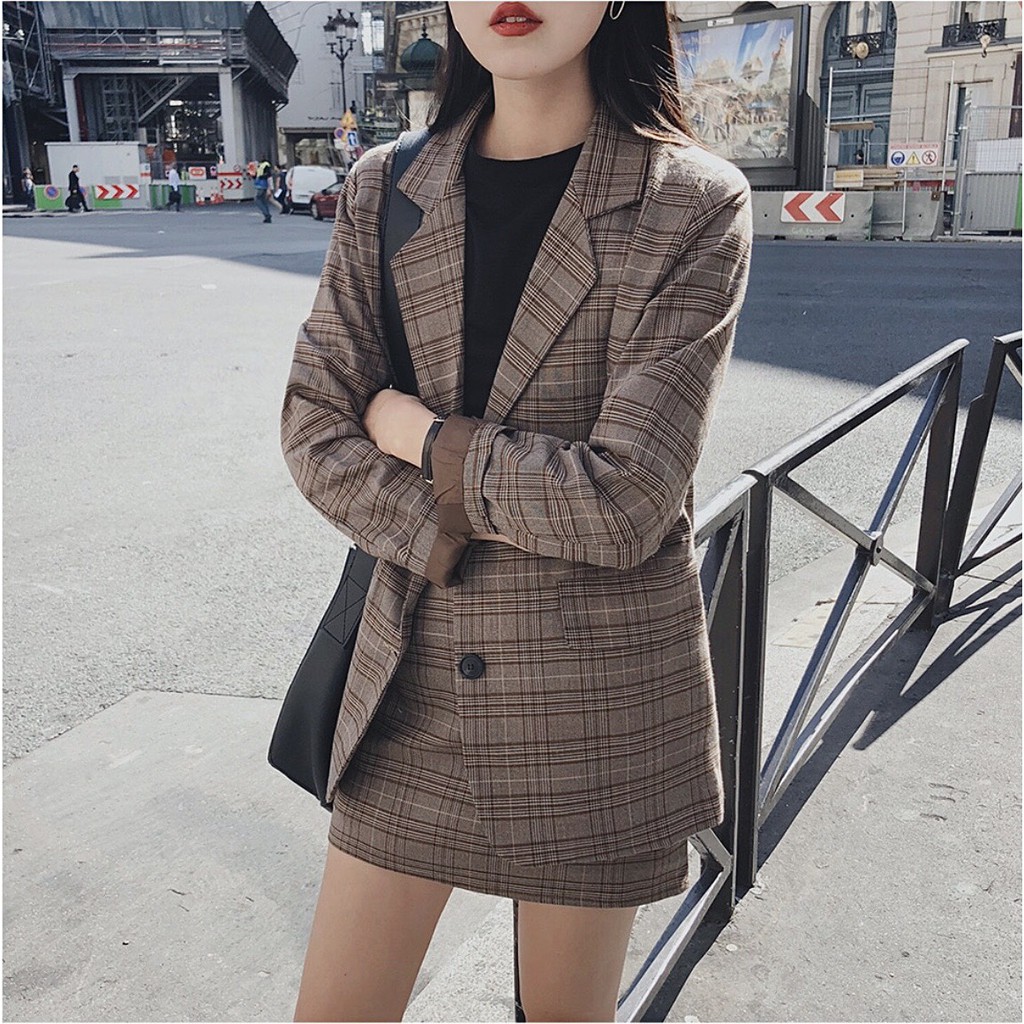 [Ảnh thật] Áo blazer kẻ nâu caro 2 lớp túi nắp dáng rộng ulzzang