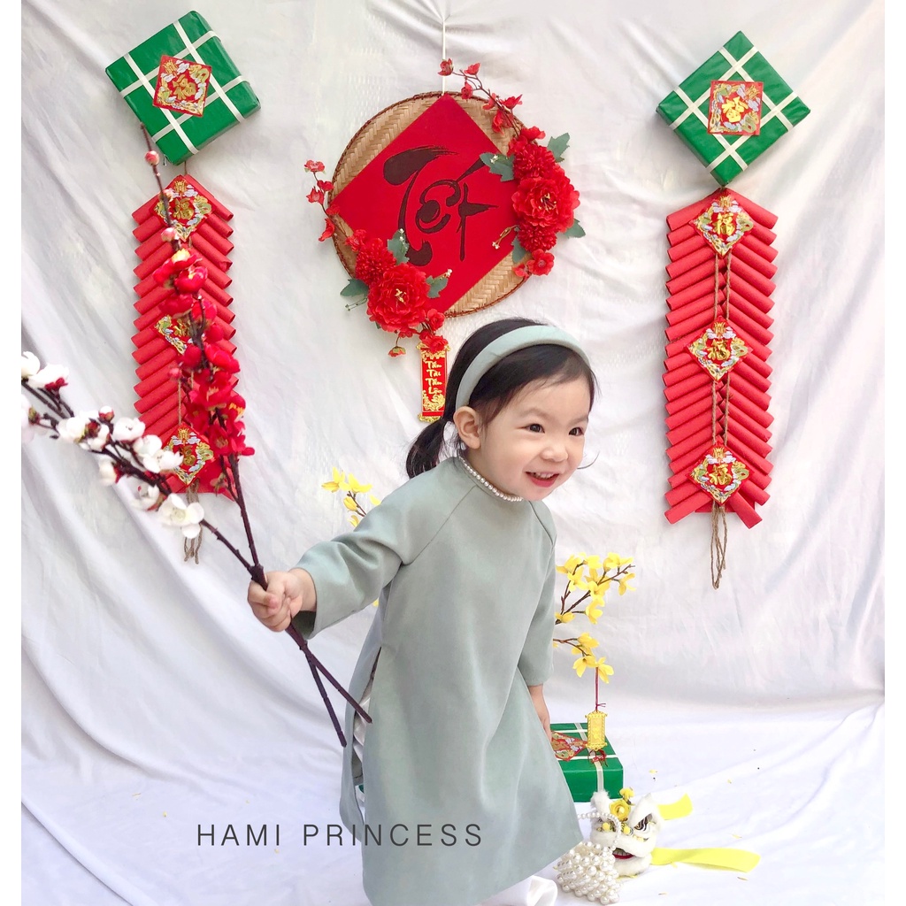 Áo Dài Nhung Cổ Ngọc Có Bờm Điệu Đà Cho Bé Gái HAMI PRINCESS ❤️ (Kèm Quần Lụa &amp; Bờm)