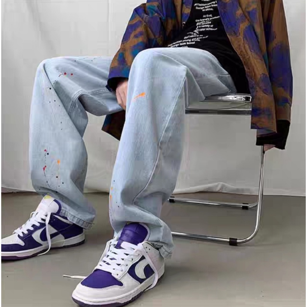 Quần jean nam baggy ống rộng vẩy sơn thời trang - quần bò nam - phong cách hàn quốc-Ống Suông Unisex