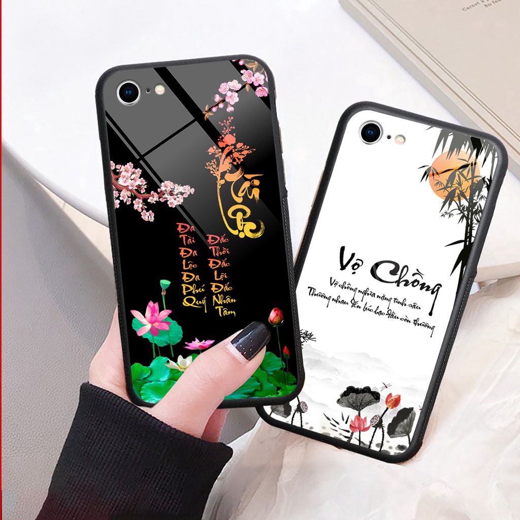 Ốp lưng KÍNH Iphone 7 / 8 / SE 2020 in hình 3D TÀI LỘC-VỢ CHỒNG-TÂM AN -MÃ ĐÁO