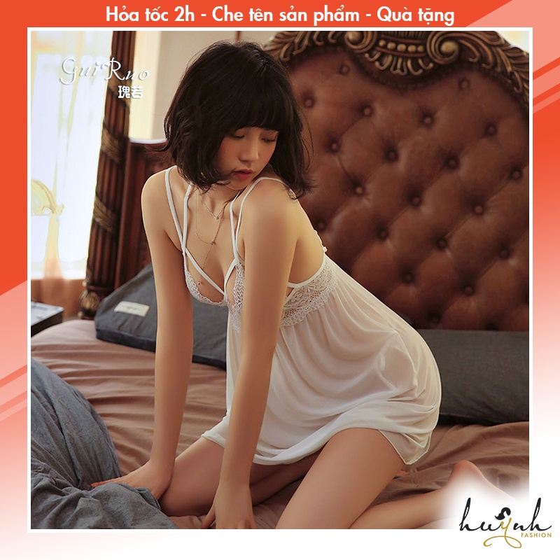 Váy Ngủ Xuyên Thấu Voan Phối Ren, Đầm Ngủ Hở Lưng Gợi Cảm GUIRUO - N65