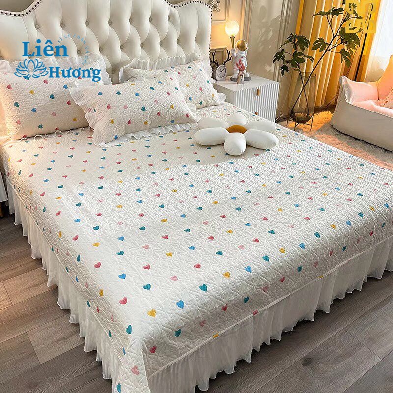 Bộ Ga Gối Cotton Trần Bông 3 Lớp Viền Bèo Dễ Thương - Ga Gối Cotton Oganic Phủ Viền Bèo Hàng Nhập Khẩu