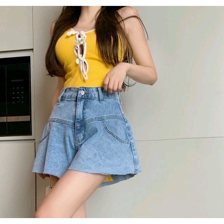 Quần short nữ ống loe chất vải Jeans dày dặn co giãn nhẹ hàng y hình kèm clip chính chủ