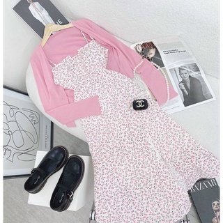 𝗦𝗲𝘁 đ𝗮̂̀𝗺 𝗺𝗶𝗱𝗶 𝗵𝗼𝗮 𝟮𝘀 + áo 𝗸𝗵𝗼𝗮́𝗰 hồng ANGI HOME