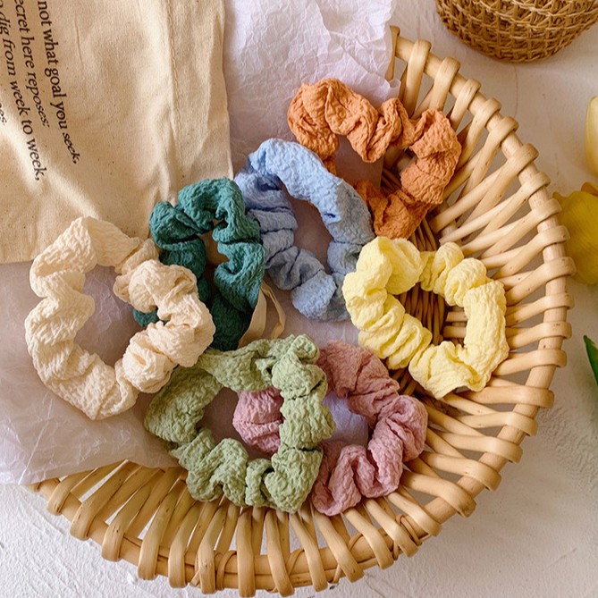 Scrunchies Buộc tóc vải đũi màu pastel trơn nhiều màu xinh xắn thời trang Hàn Quốc