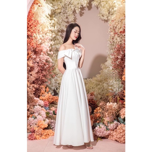 Đầm maxi mặc cưới bẹt vai nơ kết cườmTRIPBLE T DRESS đi bàn nhẹ nhàng - size M/L -MS416V