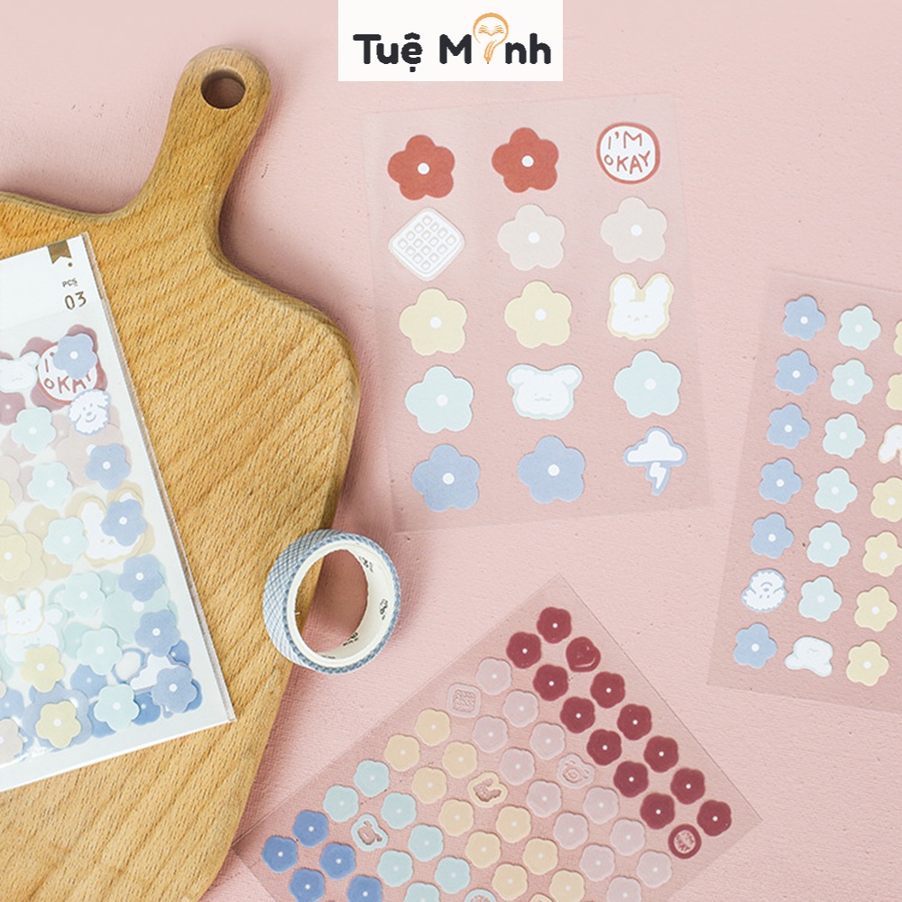 Sticker dễ thương 3 tấm 120 miếng dán STI53 hình gương mặt cute, bong bóng, bông hoa dán trang trí
