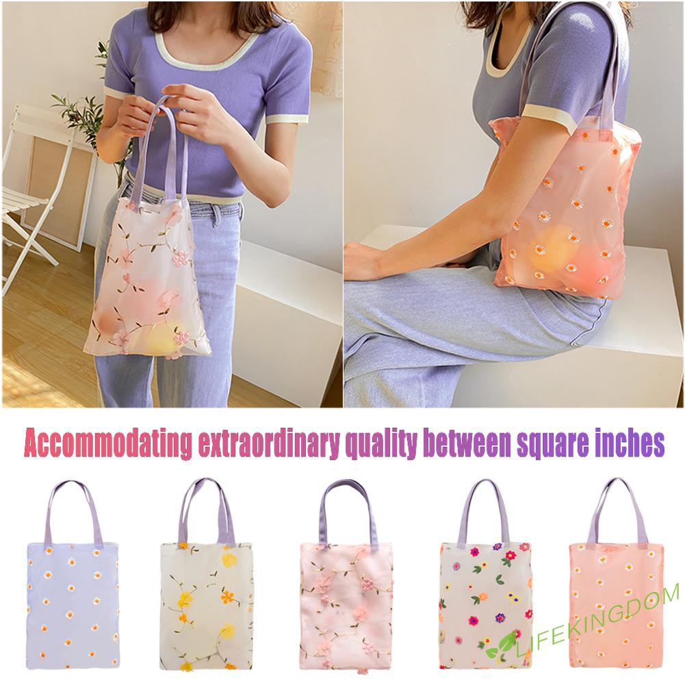 Women Flower Handbag Organza Totes Mesh Transparent Female Travel Beach Bag