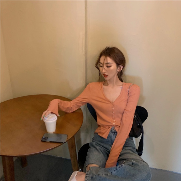 【HangFei】Áo Cardigan Dệt Kim Tay Dài Cổ Chữ V Lưng Cao Phong Cách Retro