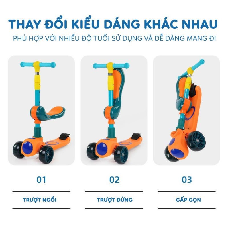 Xe trượt Scooter, có ghế có nhạc phát sáng 2 in 1, chịu lực 70kg, chất liệu nhựa PVC cao cấp bền bì an toàn cho bé