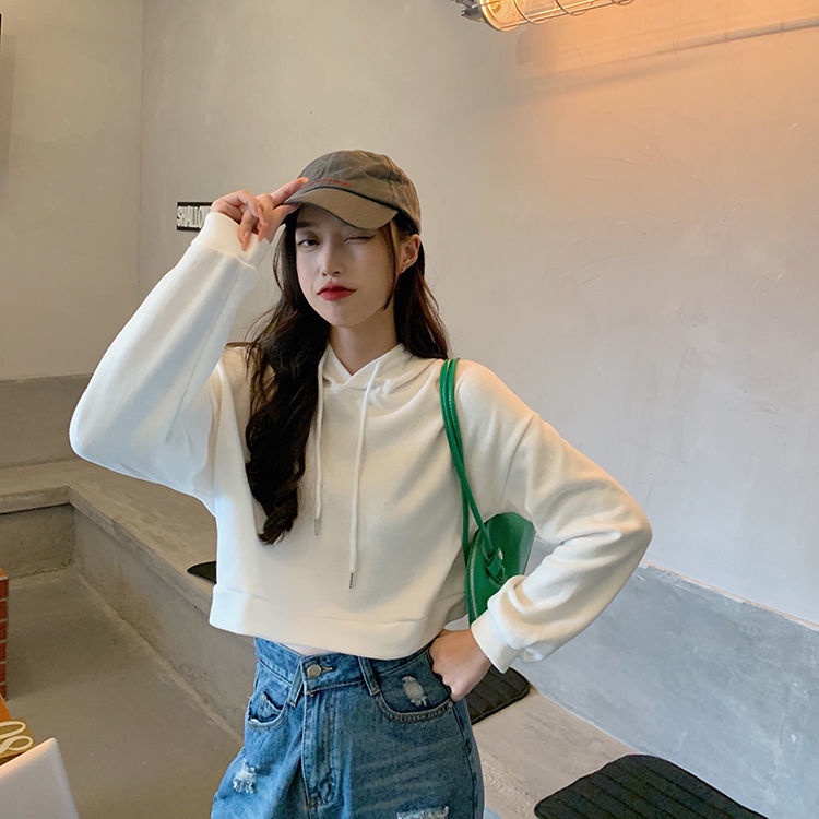 Áo Hoodie Ngắn Mỏng Dáng Rộng Màu Trơn Phong Cách Hàn Quốc Thời Trang Mùa Thu Hàng Mới Dành Cho Bạn Nữ