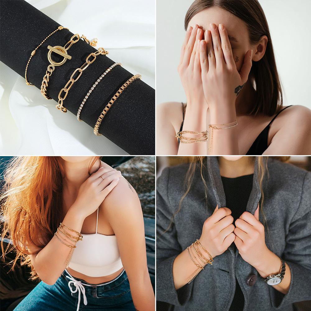 Bộ 5 Vòng Tay Dây Kim Loại Mạ Điện Dạng Xích Thời Trang