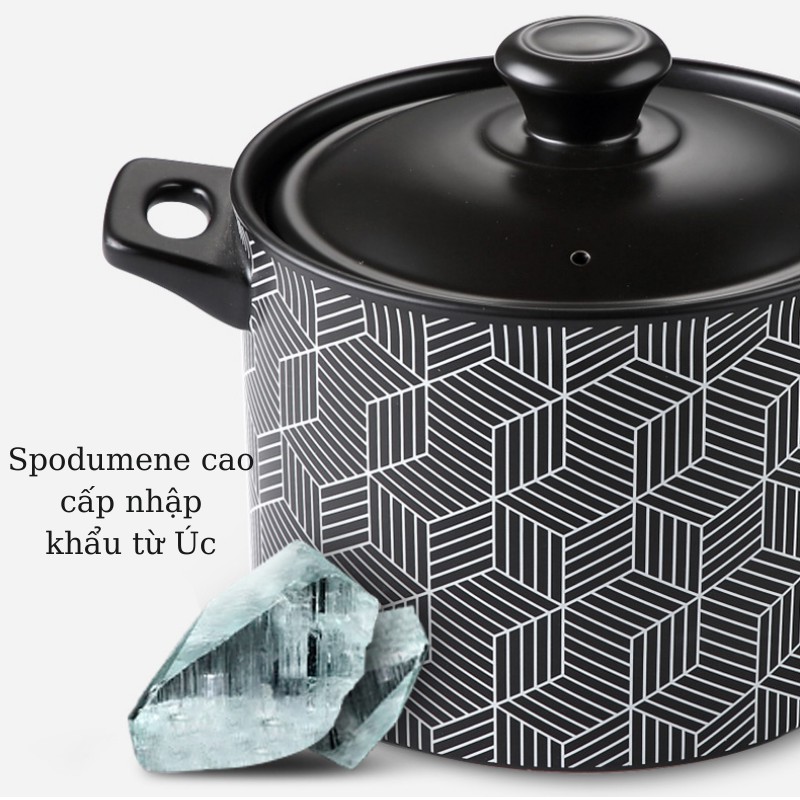 Nồi sứ dưỡng sinh cao cấp họa tiết kẻ đen dùng được bếp ga Under1000k