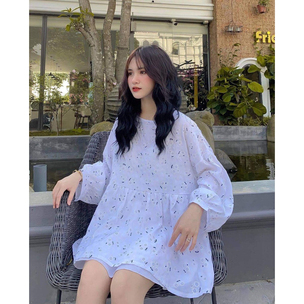 Áo babydoll nữ trắng hoa nhí dáng dài kiểu tiểu thư bánh bèo ulzzang trong sáng Nhungkudo | BigBuy360 - bigbuy360.vn