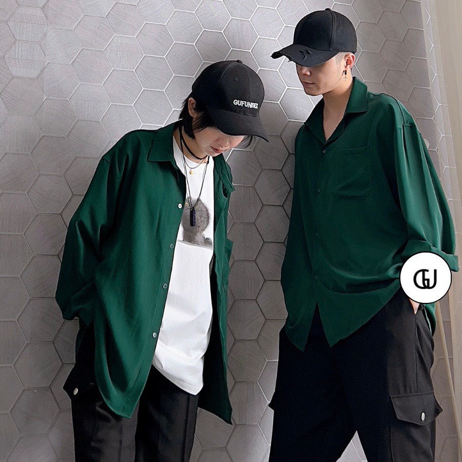 Áo Sơ Mi Xanh Lá Đậm Tối Chất Lụa Unisex Nam Nữ