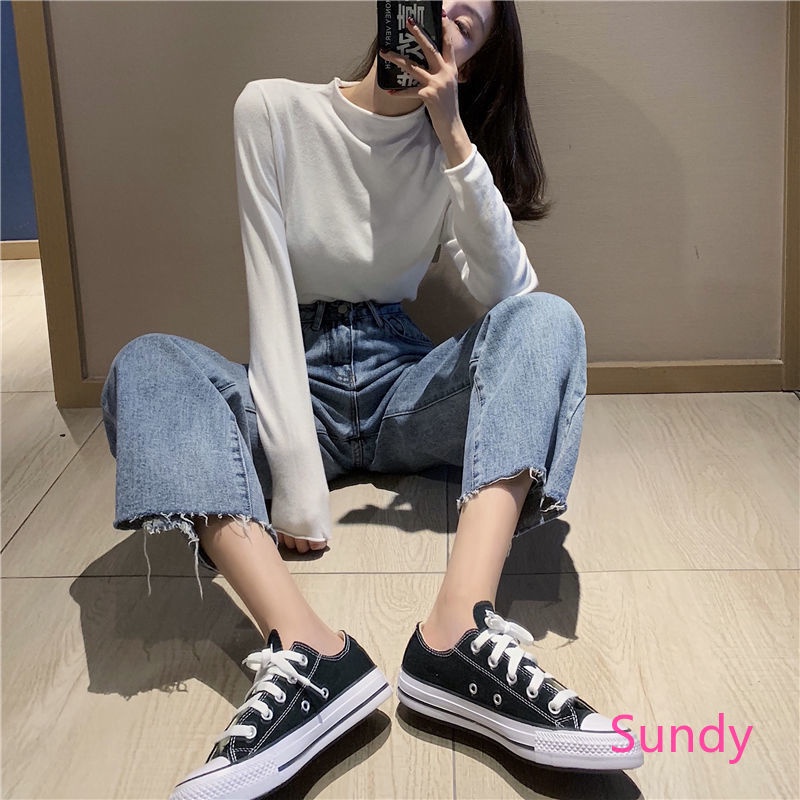 Quần jean ống rộng lưng cao phong cách Hàn Quốc thời trang dành cho nữ