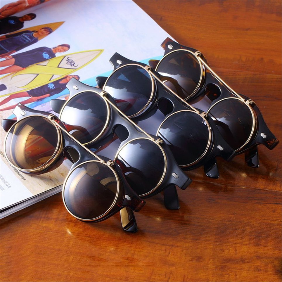 Classic Steampunk Goth Glasses Goggles Round Flip Up Sunglasses Round Eyeglass