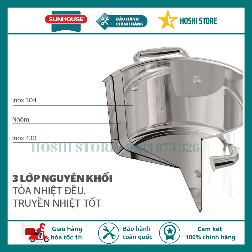 Bộ nồi inox 304 5 lớp 18 – 22 – 26 cm Sunhouse Mama SHG2020