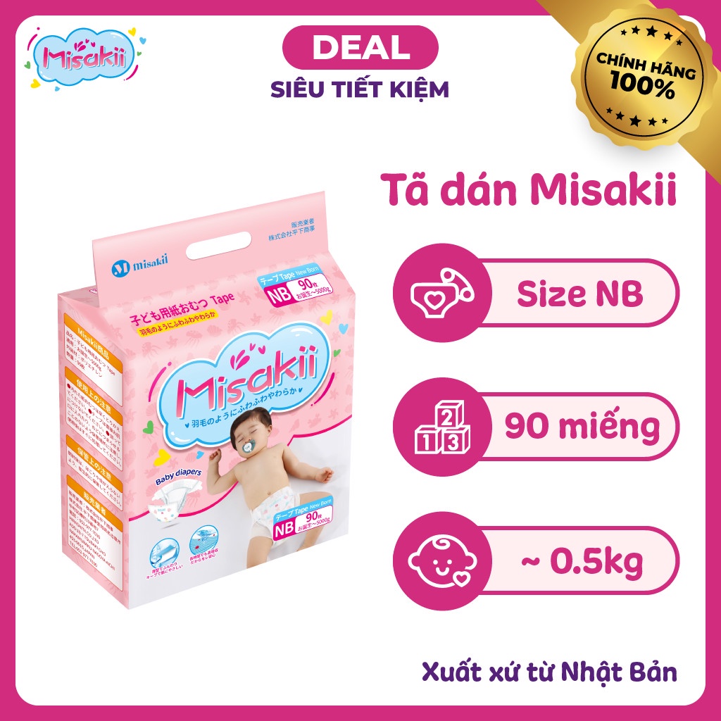 Bỉm Misakii [FREESHIP] Misakii Nhật Bản - Bỉm Siêu Mỏng Thấm Hút Tôt - Size Dán Quần NB90/S82/M64/L54/M58/L44/XL38/XXL26