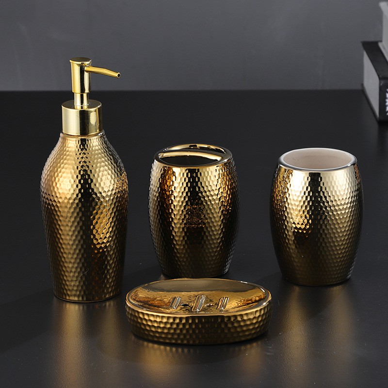 Set 4 Phụ Kiện Nhà Tắm Bằng Gốm Hình Tổ Ong Màu Vàng