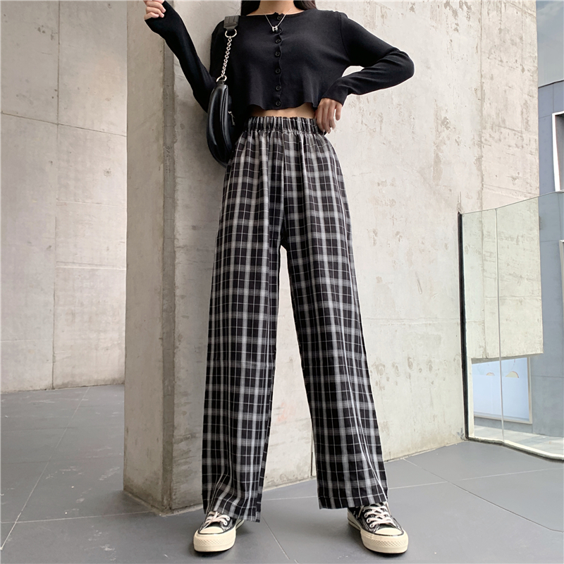 NRVP Quần dài ống rộng lưng cao họa tiết caro thời trang cho nữ