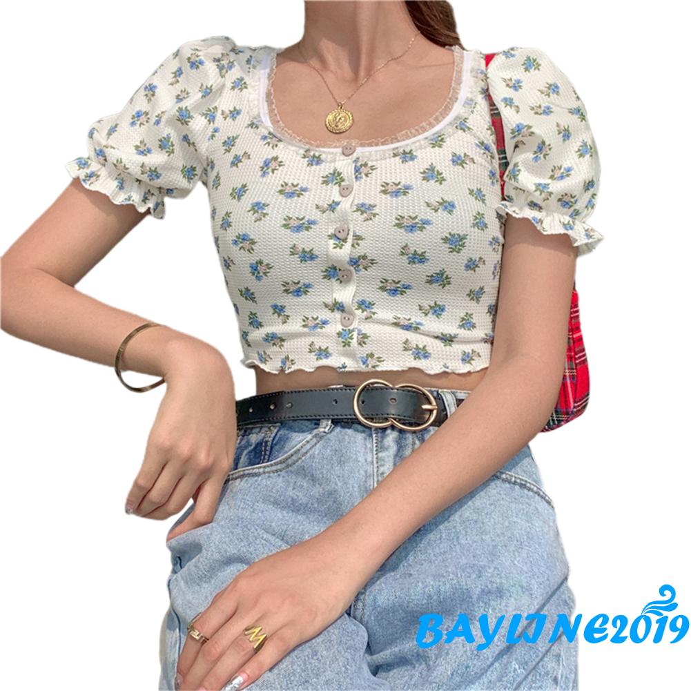 Áo croptop tay phồng in họa tiết hoa xinh xắn cho nữ