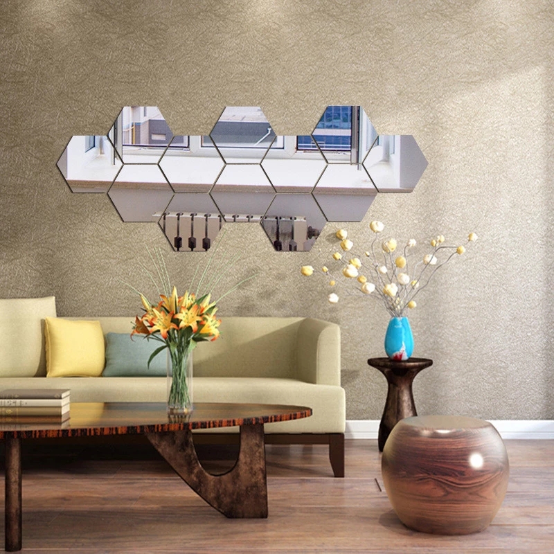 Set 12 Miếng Dán Tường Tráng Gương Hình Lục Giác 3D Chất Liệu Vinyl Dễ Tháo Gỡ Dùng Trang Trí Nhà Cửa