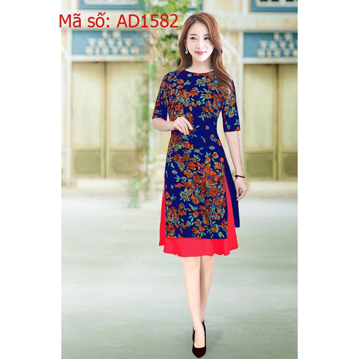 ⚡️ có big size 3XL ⚡️ AD1582 Set áo dài cách tân gấm thun quý bà họa tiết hoa nhí nền xanh đen kèm váy
