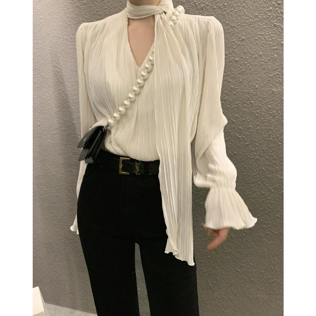 Áo Sơ Mi Dài Tay Thắt Dây Xếp Ly Màu Sắc Thời Trang 61386