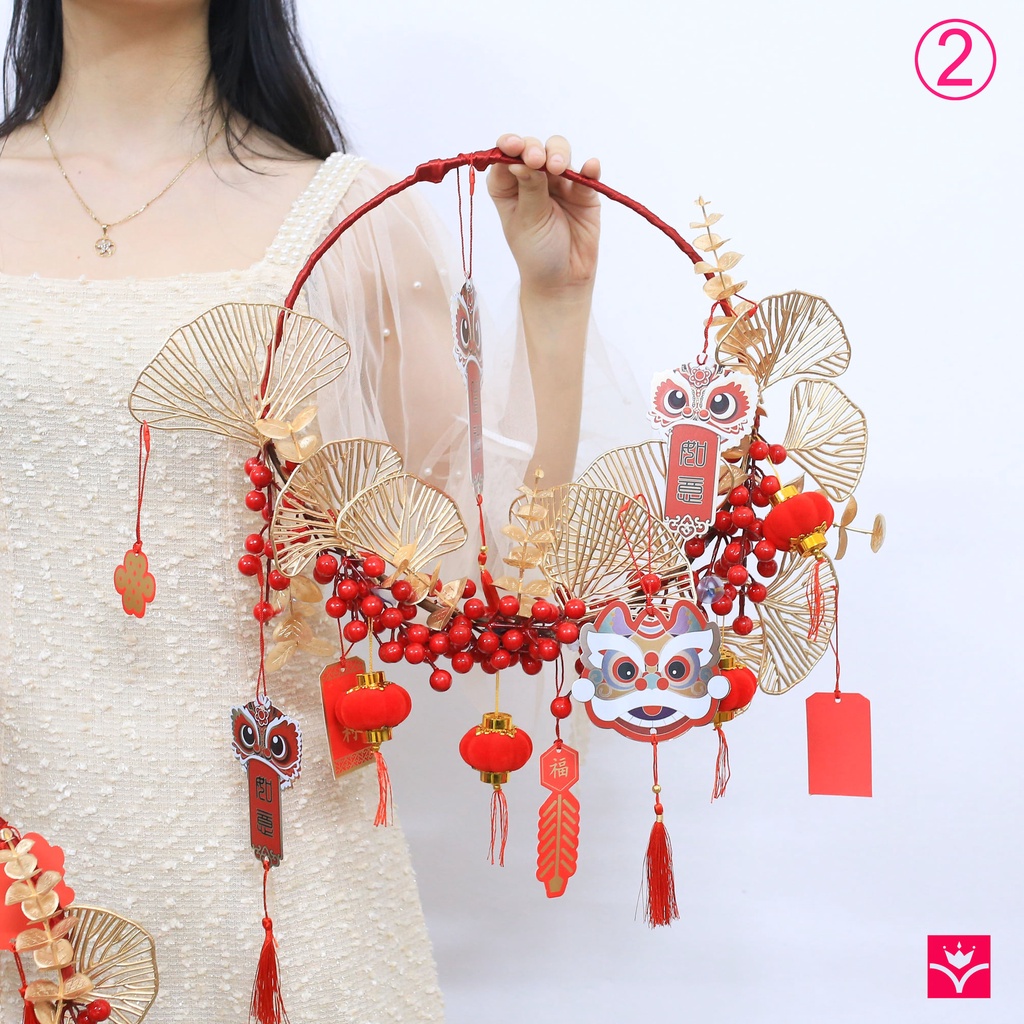 Vòng tài lộc treo cửa Decor trang trí ngày tết may mắn Đón xuân- Vòng hoa đào đông đỏ đón tết may mắn Tài Lộc năm mới