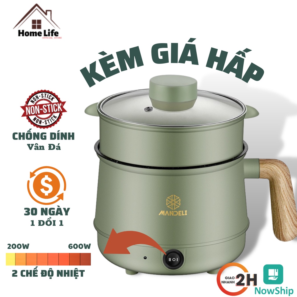 Nồi Lẩu Mini, Nấu Mì, Nấu Cơm Đa Năng Có Tay Cầm 1,8L - Nồi Điện 2 Nấc Nhiệt Mẫu Mới Kèm Giá Hấp